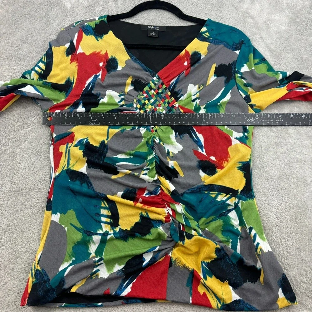 VTG Style & Co Mesh Top Womens Petite L Multicolor Nylon Stretch Artsy Y2K Wacky